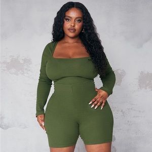 Khaki Ribbed Square Neck Long Sleeve Unitard